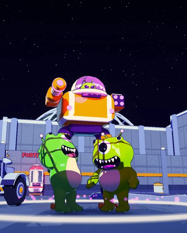 A giant robot boss and two green aliens on the Moon.