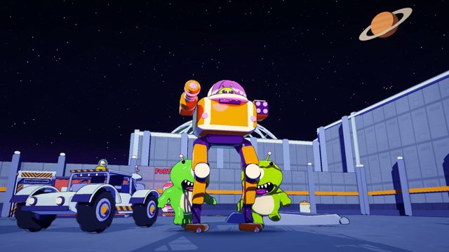 Big Rig, a walking robot boss, with two green aliens on the Moon base.