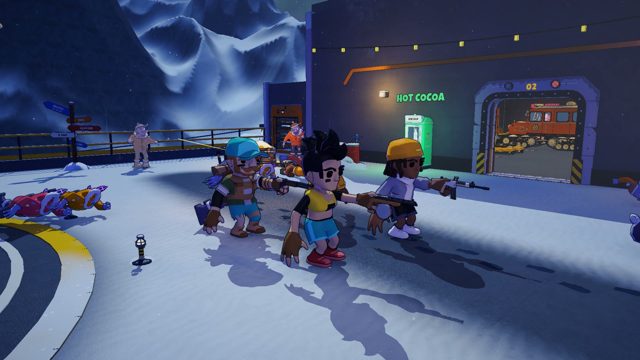 Four players fighting mutants on a snowy helipad.