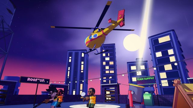 The escape chopper over the Dead End rooftop at night.