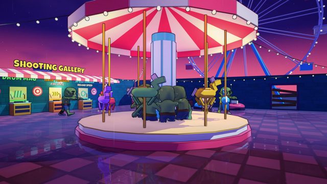 Zombies on a carousel in a neon luna park.