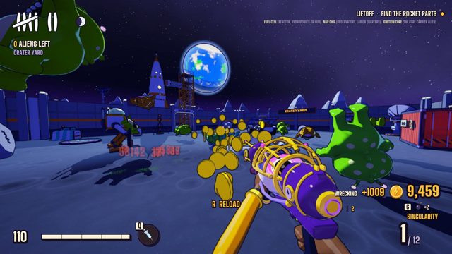 A black hole gun bursting aliens into gold coins.