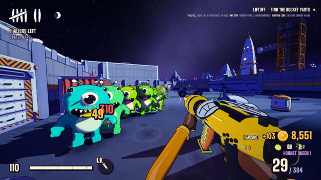 Shooting a line of aliens near the rocket on the Moon.